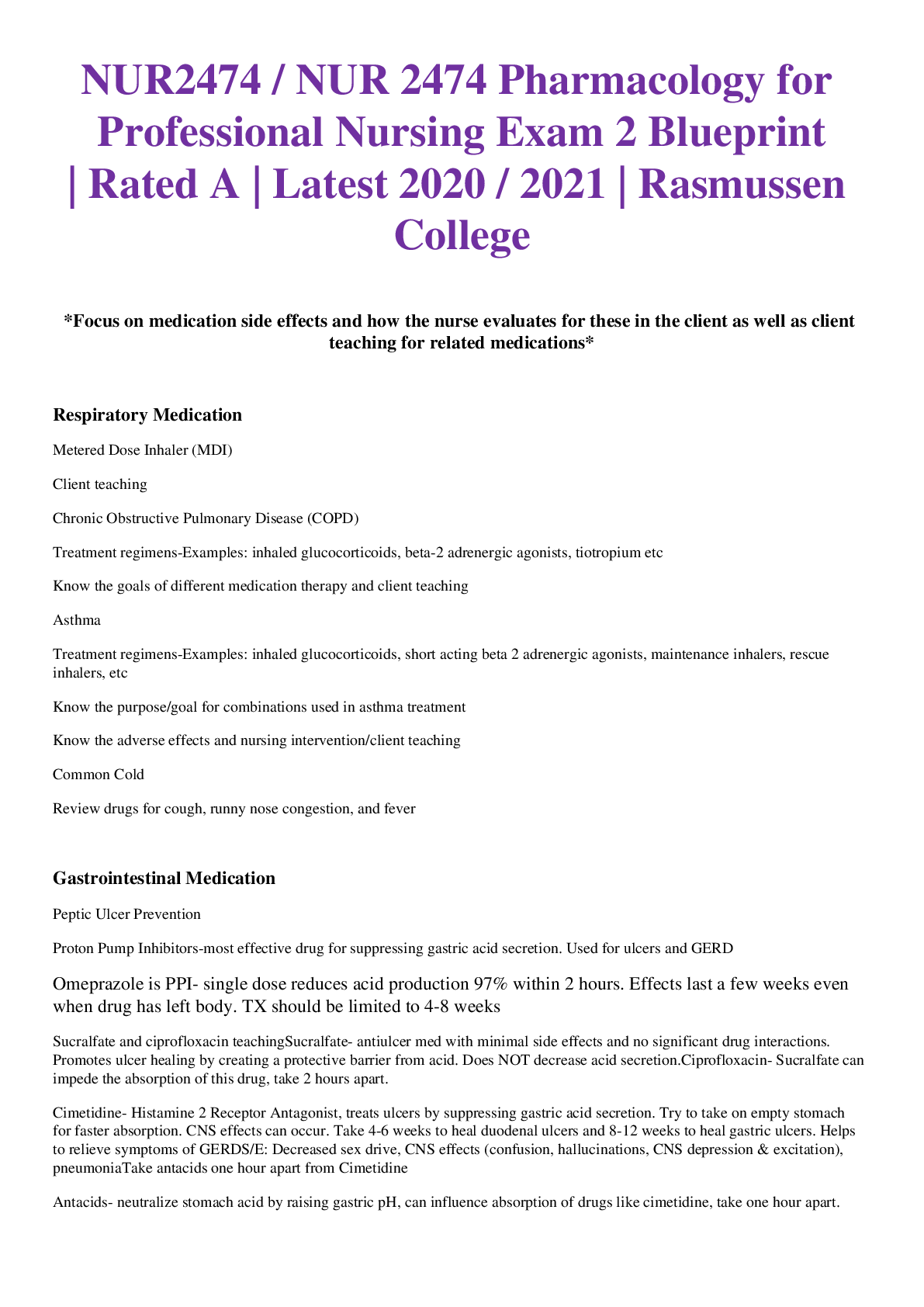 Preview of NUR2474 / NUR 2474 Pharmacology for Professional Nursing Exam 2 Blueprint | Rated A | Late